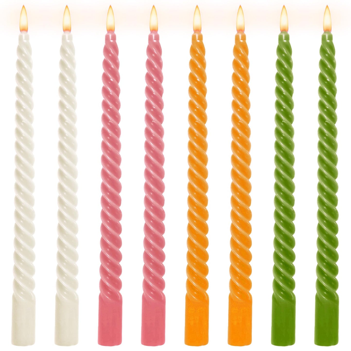 Whaline 8 Pcs Spiral Taper Candles White Pink Orange Green Dripless Twisted Wax Candles 10 Inch Long Unscented Candle Sticks for Spring Holiday Dinner Party Wedding Home Kitchen Table Decor