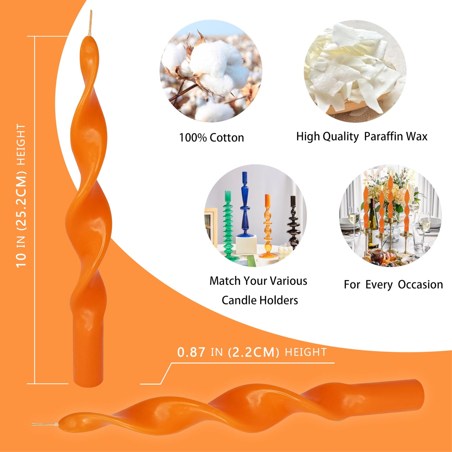 10 Inch Spiral Candles Set of 2 – Unscented Candle Stick, Orange Handmade Taper Candle Twisted Candles for Wedding Dinner Table Home Decor
