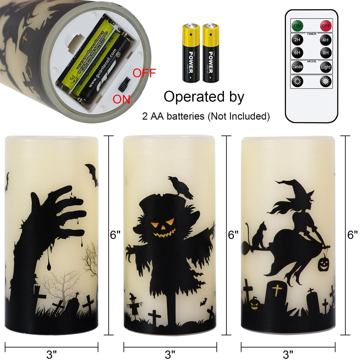 DRomance Halloween LED Flameless Pillar Candles Battery Operated Remote and Timer Real Wax Yellow Light Flickering Scarecrow Witch Ghost Hand Decals Halloween Candles Decoration Gifts(3 x 6 Inches)