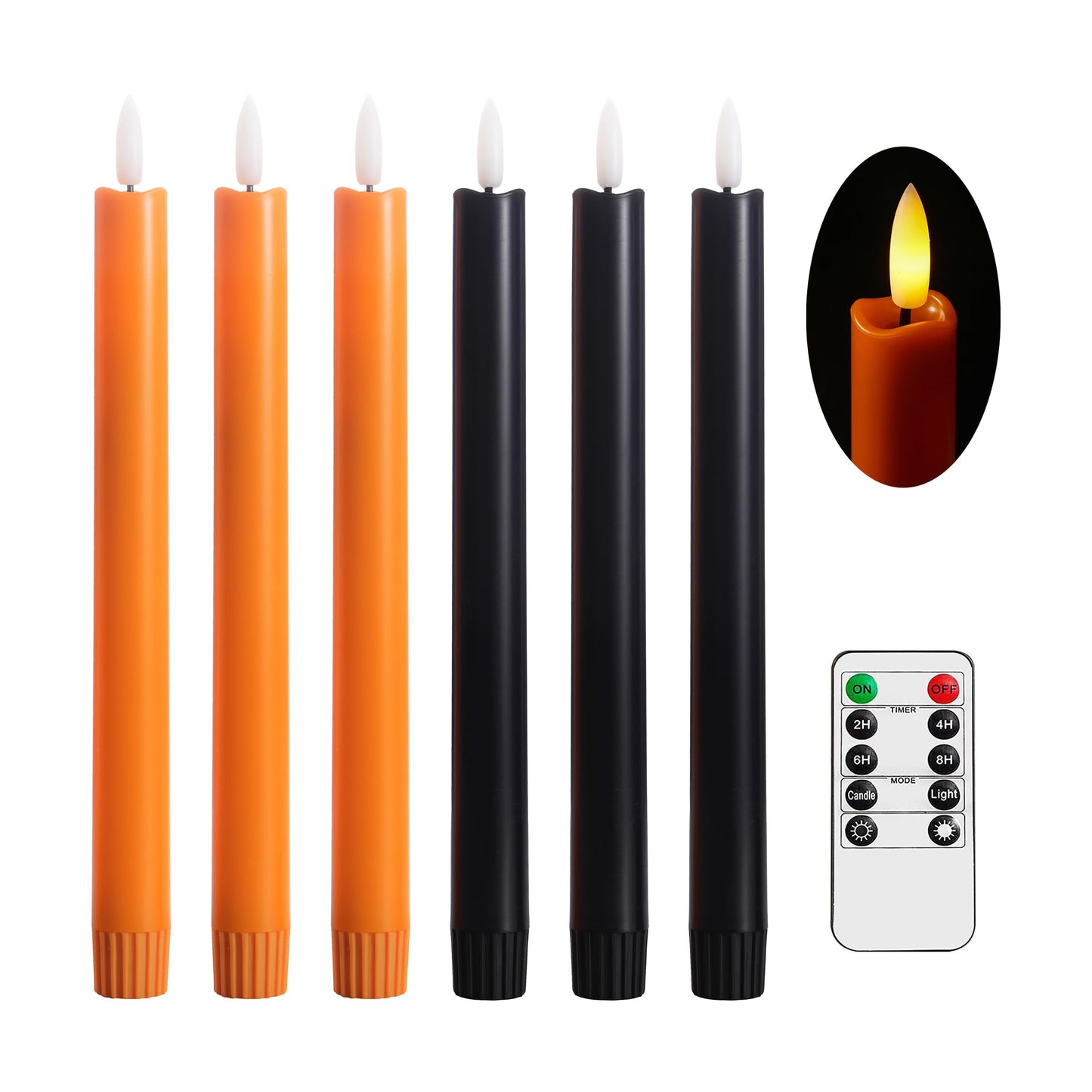 Stmarry Orange and Black Flameless Taper Candles with Remote - 10 Inch LED Candlesticks Flickering, Realistic 3D Flame with Wick, Warm White Light, Home Halloween Decor, Timer - Set of 6