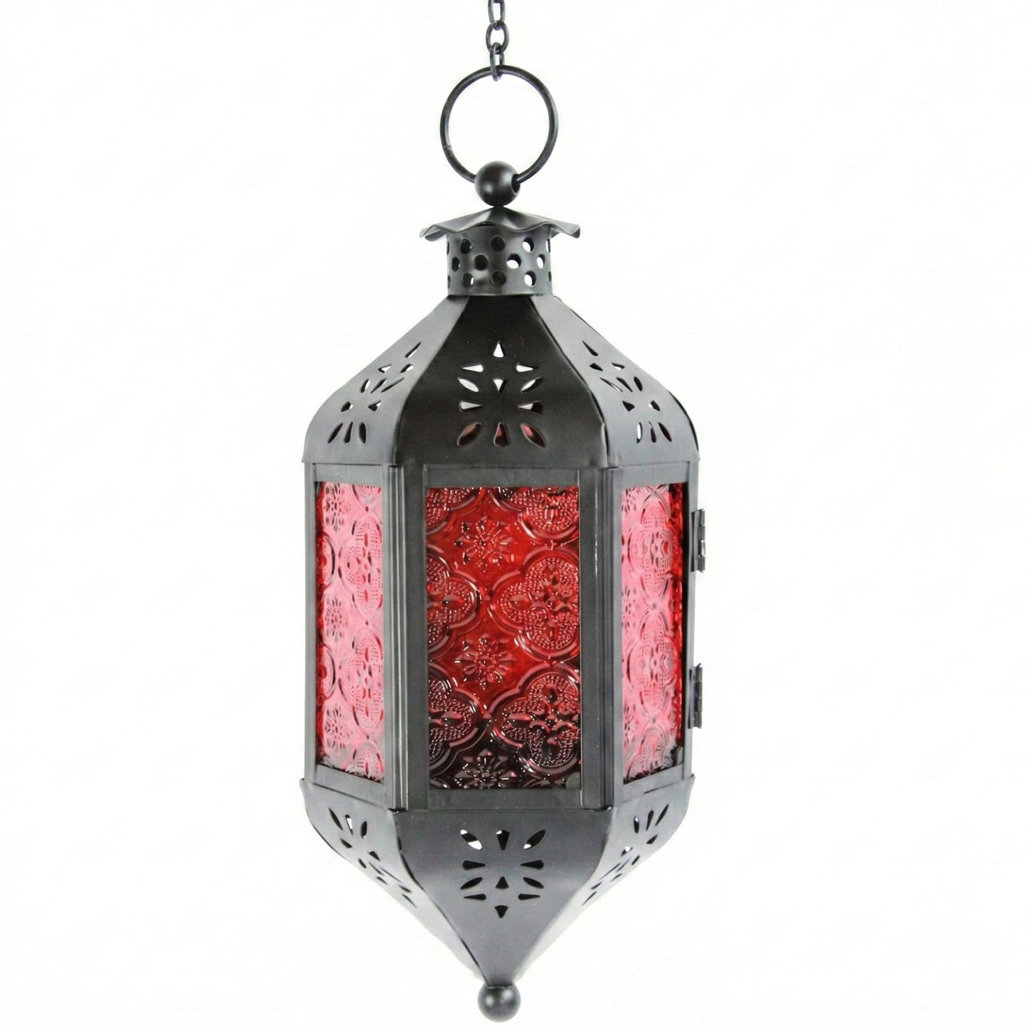 Vela Lanterns Hanging Moroccan Lamp - Exotic Decorative Patio & Porch Decor, Indoor Outdoor Tea Light Candle Lantern Holder with Chain (11" Medium, Red Glass)