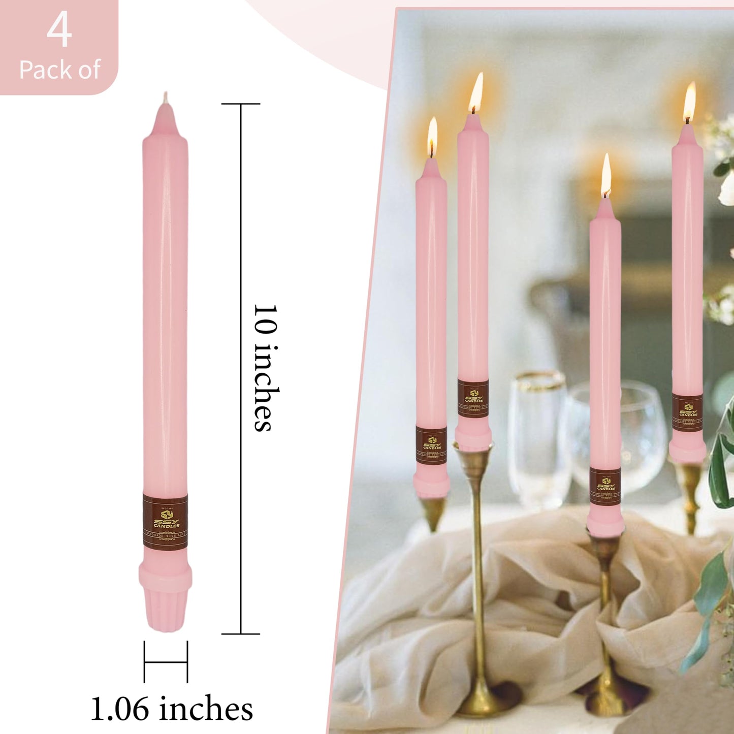 Pink Long Taper Candle 10 Inch Candlesticks Unscented Dripless Tapered Candle Set for Home Decor Wedding Party Dinner Candles, 4 Pack