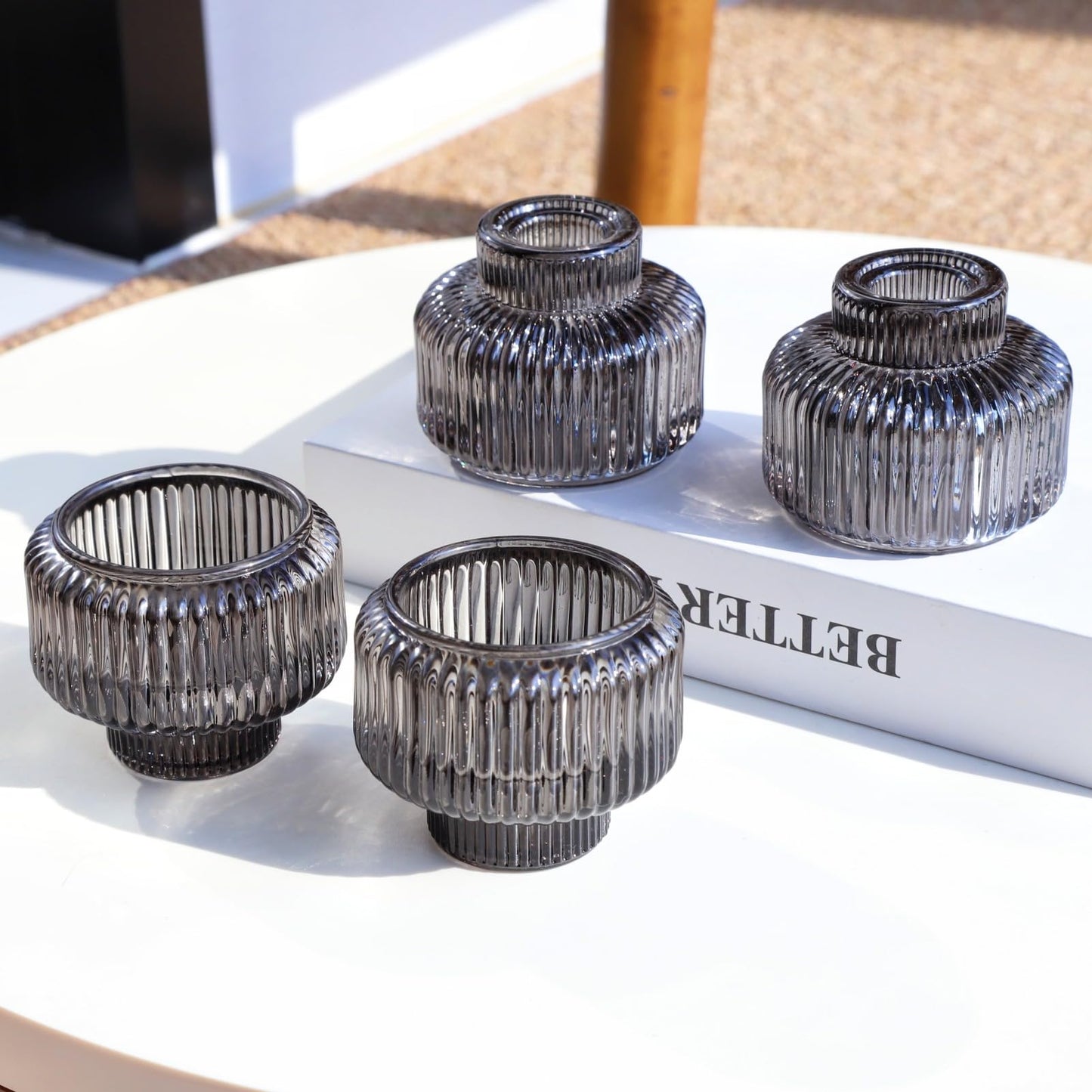 Woho Smoky Grey Candlestick Holders Set of 4 for Votives/Tea Lights, Ribbed Glass Taper Candle Holders for Table Centerpiece, Reversible Candle Sticks Holder Decor for Daily Home Decor