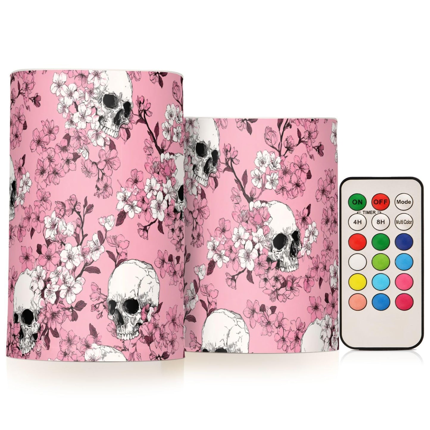 Pigsaly Flameless Candles Battery Operated Pink Cherry Blossoms White Skulls Flickering Led Pillar Candles with Remote Control Colour Changing Warm Light Candles for Halloween Christmas Wedding