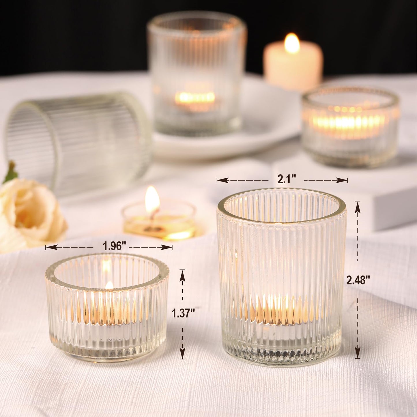 20pcs Assorted Ribbed Clear Votive & Tea Light Candle Holders, Glass Candle Holder for Table Centerpiece, Wedding, Baby Shower, Home and Party Decorations