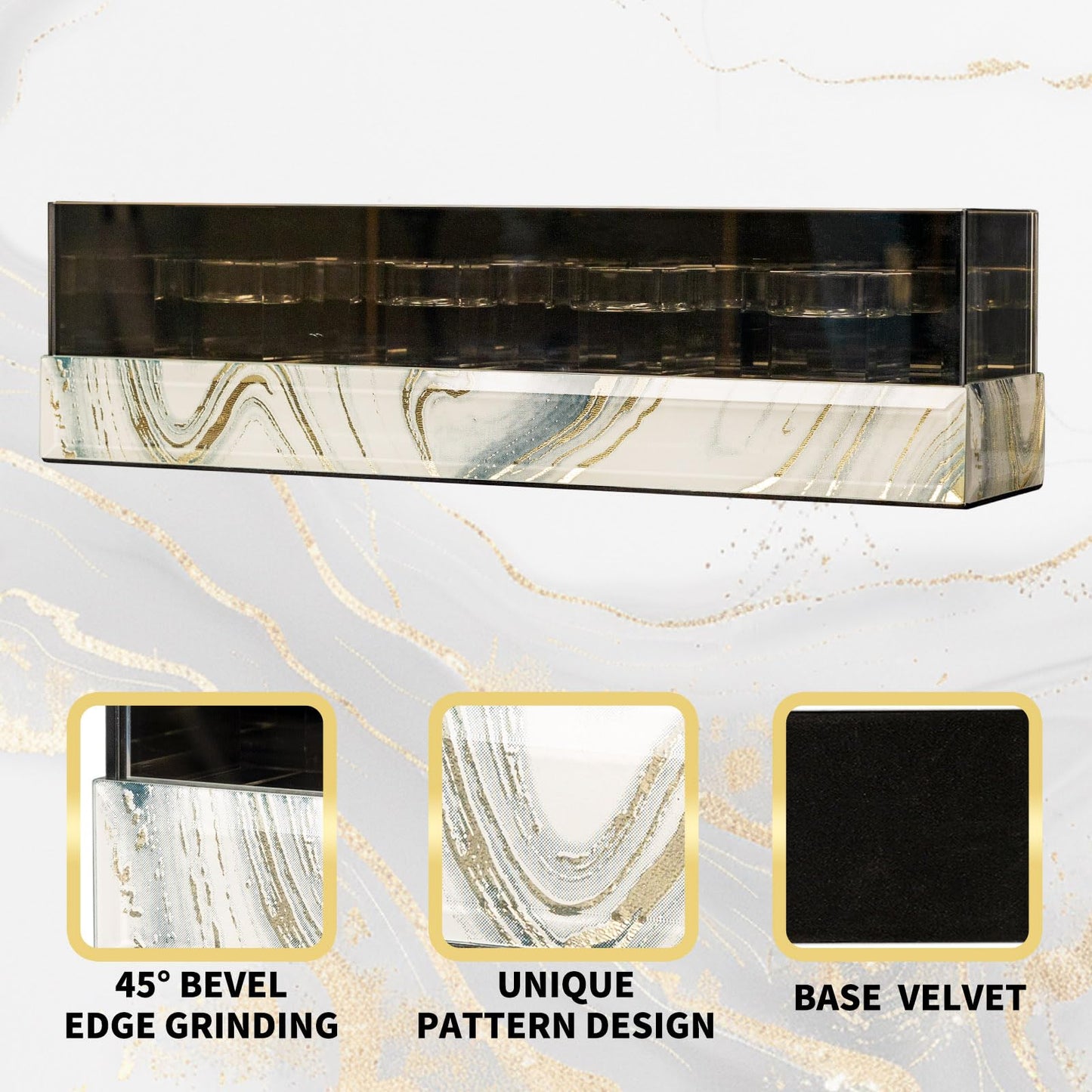 Crystal Glass Candle Holder Rectangular 4 Candle Seat with Marble Pattern-Tealight and Votive Candles Holders Centerpiece Table Decorations for Home Décor, Dining Room, Kitchen, Patio (White)