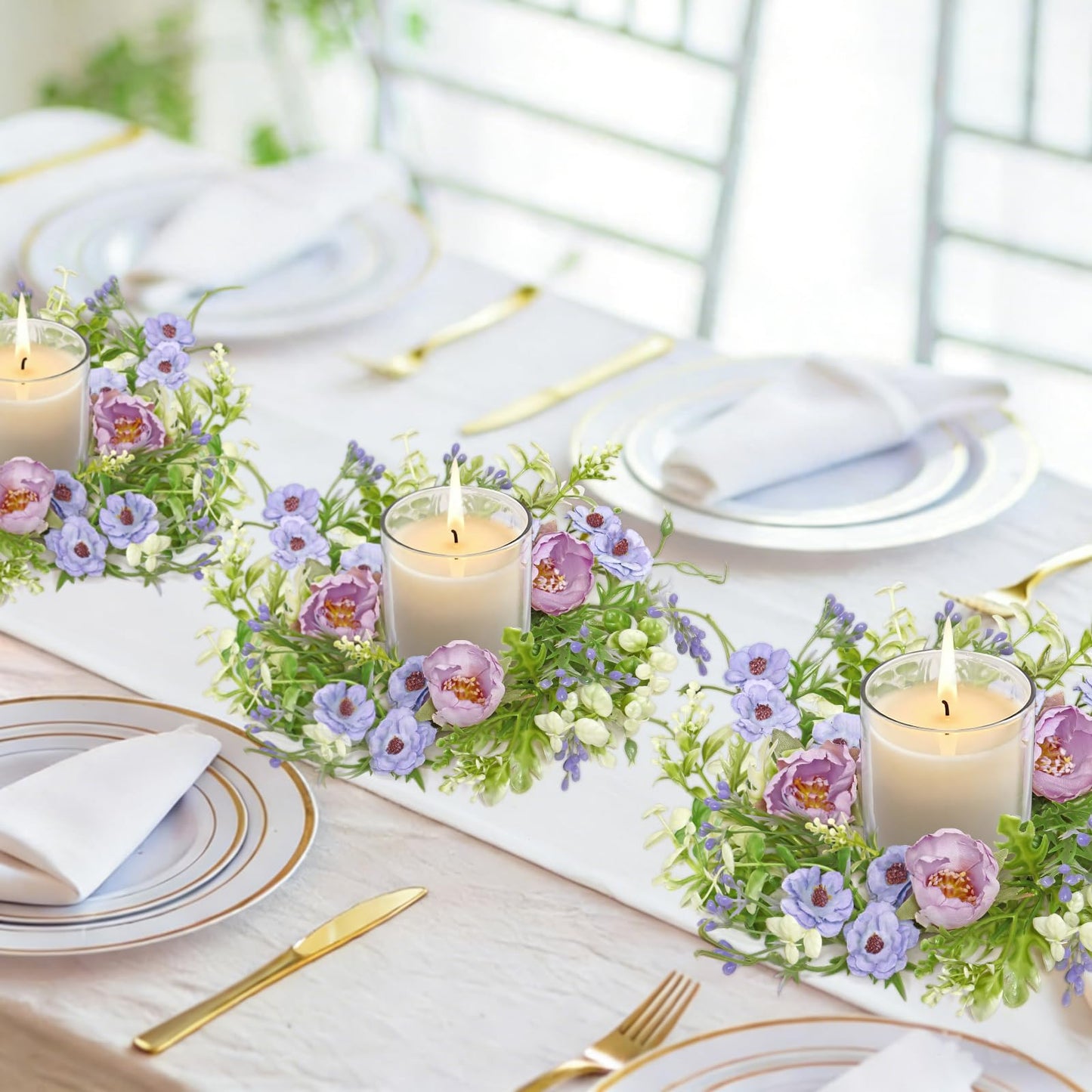 KHOYIME Floral Candle Rings Wreath 4PCS Small Spring Summer Purple Artificial Flowers Greenery Wreaths for Pillars, Mini Candle Holder Kitchen Cabinets Table Centerpieces Wedding Party Farmhouse Decor