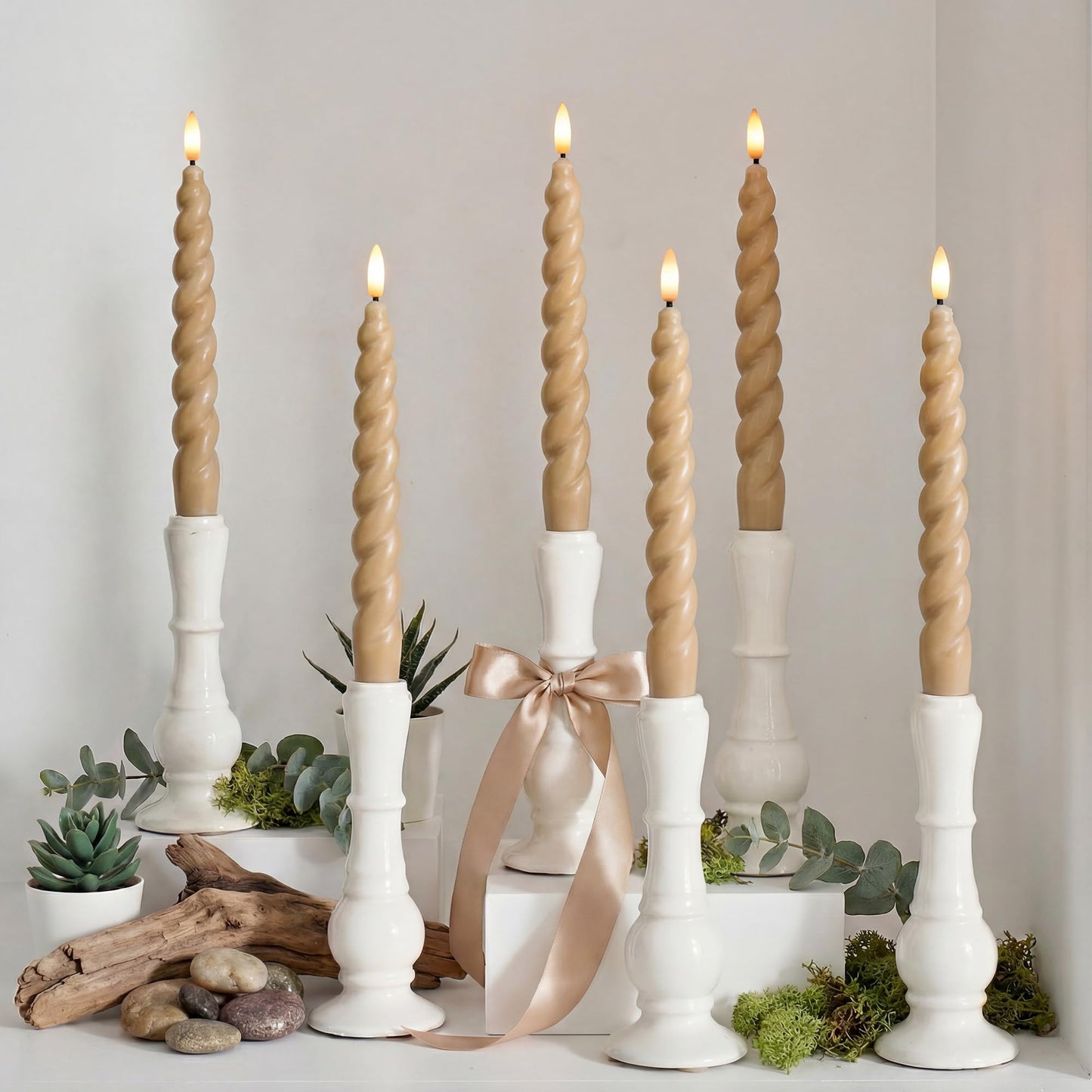 WYZworks 10" Flameless LED Taper Candles – Full Twisted Spiral – Light Tan, Set of 6 – Remote, 2/4/6/8-Hr Timer (24-hr Memory), Bottom On/Off Button, Dimmable, Battery Operated, Flicker/Steady