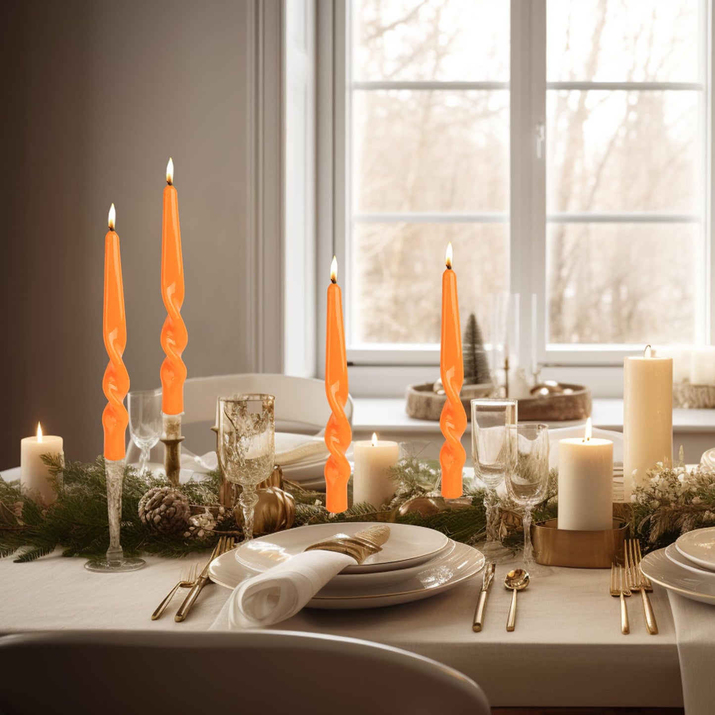 MAITREYA Orange Spiral Taper Candles-Set of 4 for Decoration Weddings Party Church-Unscented Dripless Candles,10inch(Orange-D)