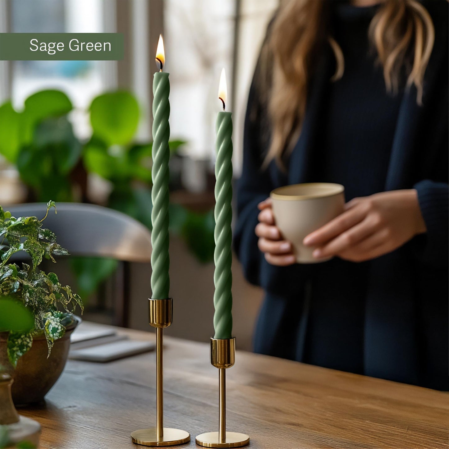 Homeology 10" Candle Sticks, Twisted Taper Candles, Two Green Shades, 4-Pack, Unscented