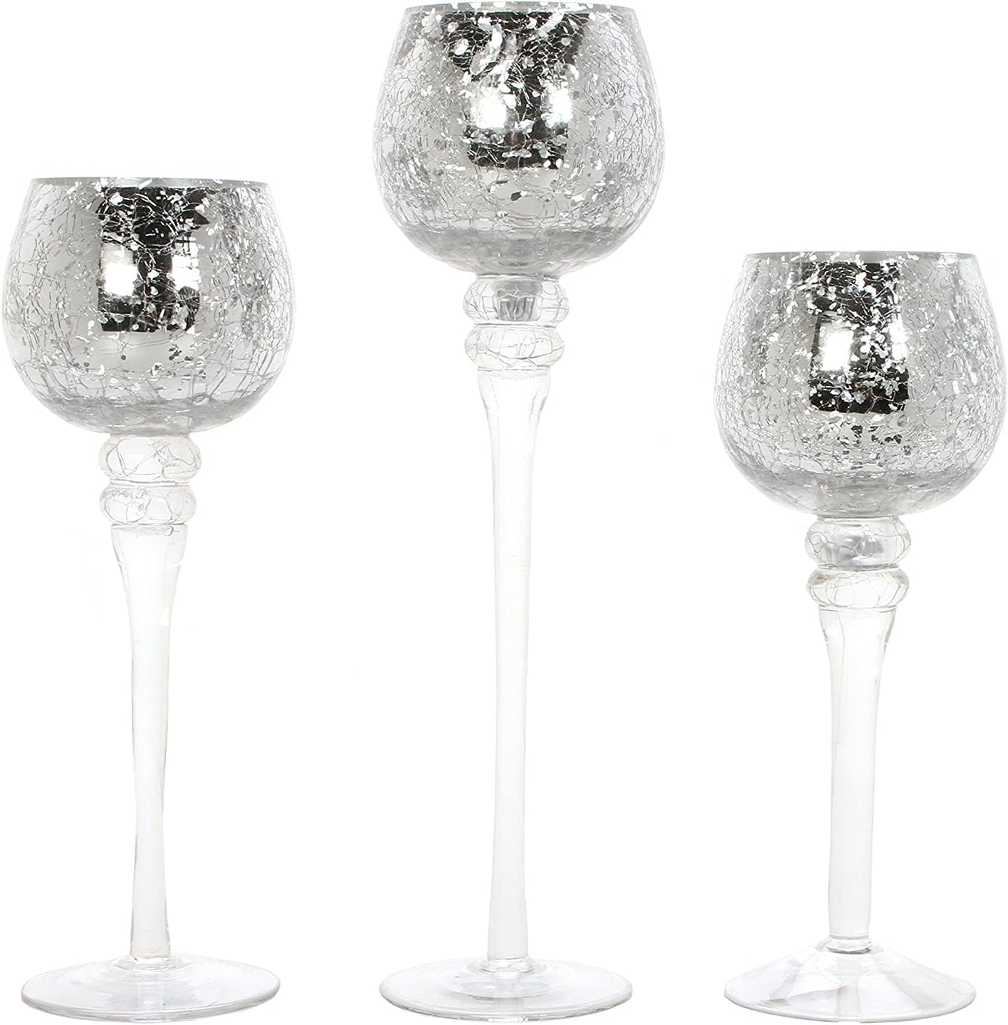 Hosley Set of 3 Metallic Crackle Glass Tealight Holders – 12", 10", 9" Elegant Home Decor, Ambient Lighting, Stylish Centerpieces & Gift Idea