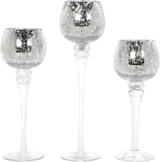 Hosley Set of 3 Metallic Crackle Glass Tealight Holders – 12", 10", 9" Elegant Home Decor, Ambient Lighting, Stylish Centerpieces & Gift Idea