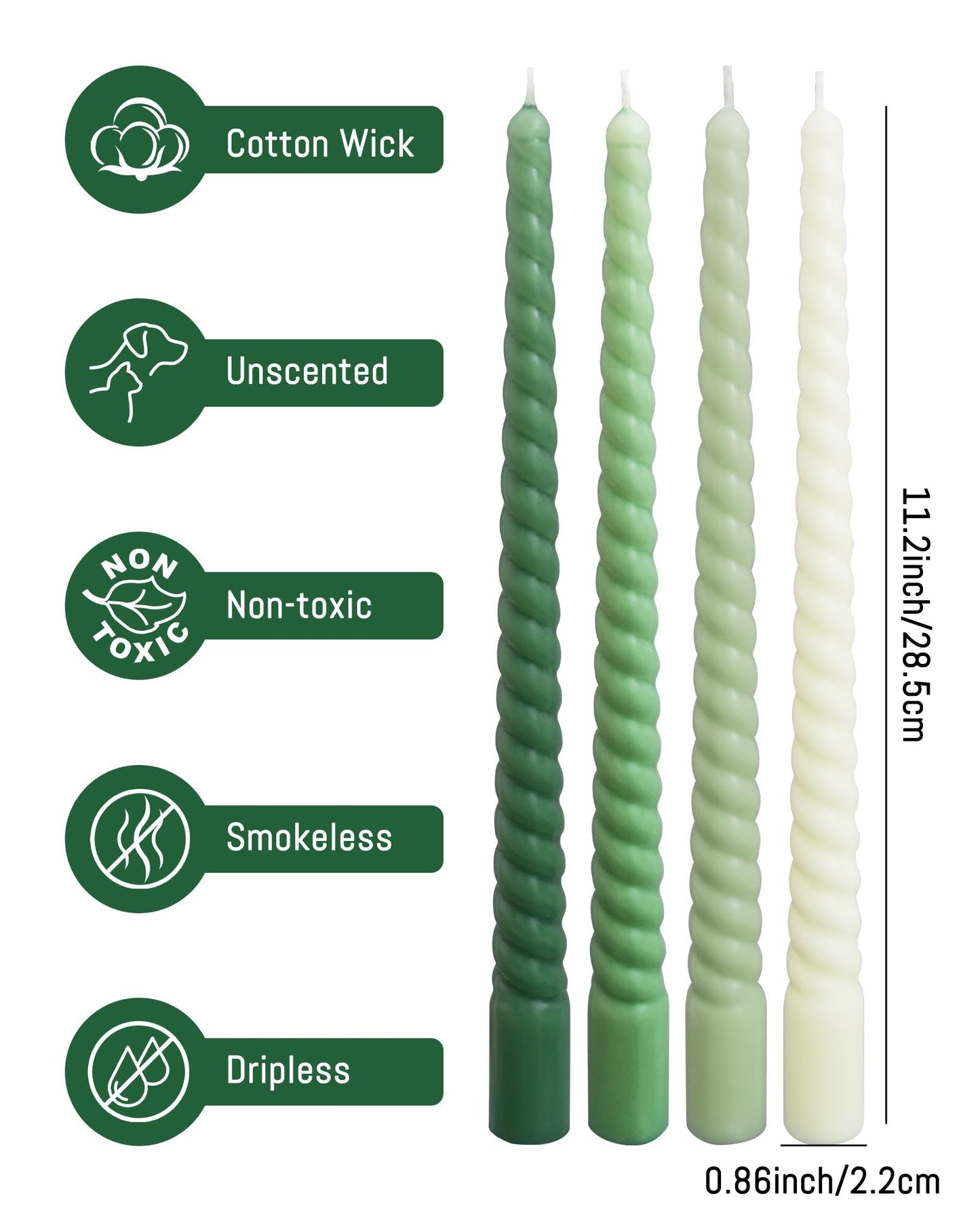 Viyffo Spiral Taper Candles 11 Inch – 4 Pack Green, Dripless, Unscented, Smokeless – 9 Hour Burn – Tall Candlesticks for Wedding, Dinner, Holiday, Party, Home Decor