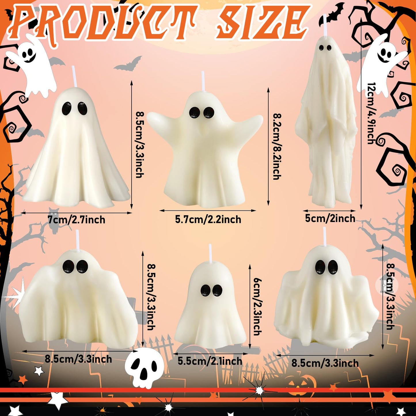 Conelist 6 Pieces Halloween Large Ghost Candles White Spooky Scented Halloween Candles Horror Gifts Candle Tea Lights Goth Room Decor for Summer Dining Table Party Bedroom(Spirit Style,White)