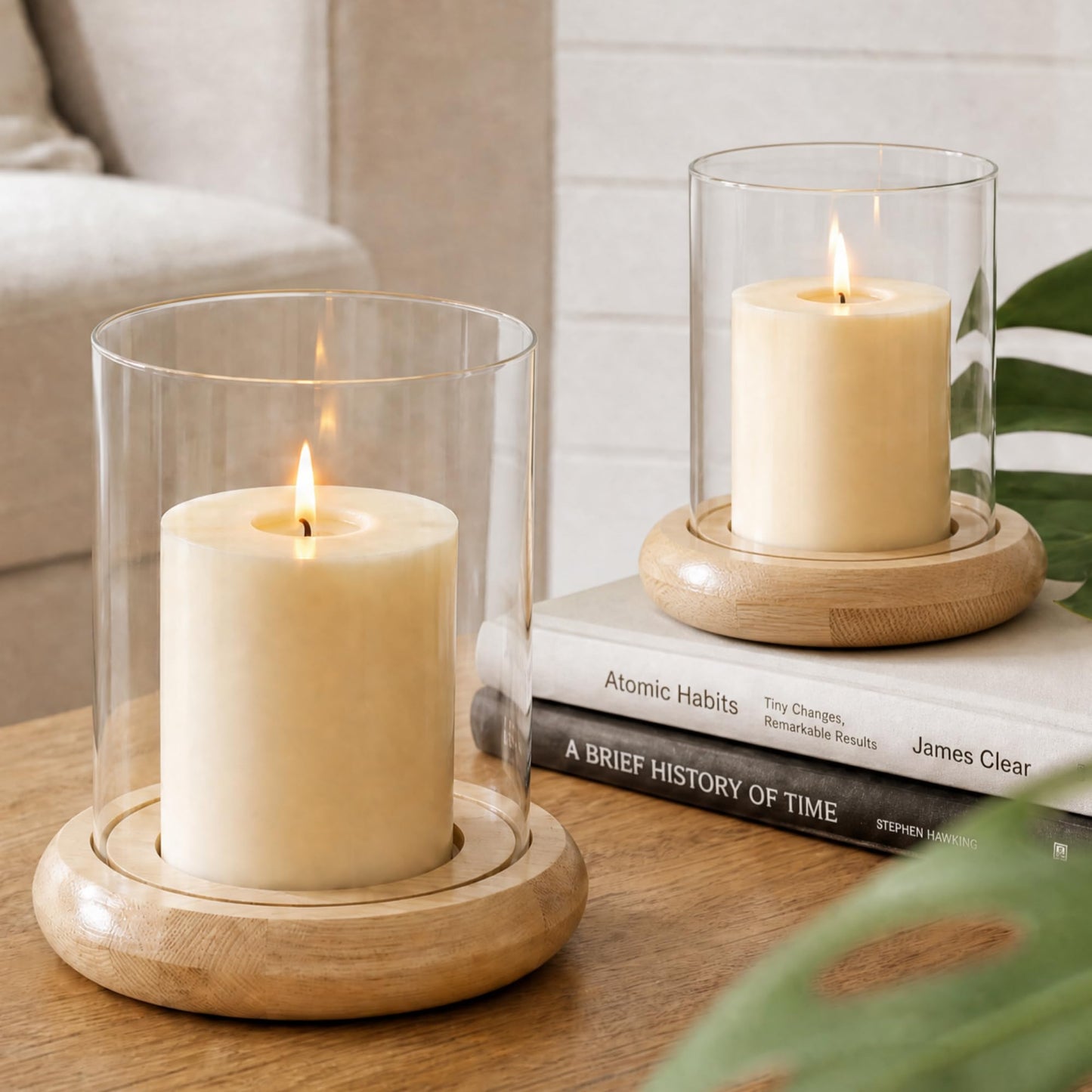 Set of 2 Hurricane Glass Candle Holders with Natural Brown Wood Base Decorative Candle Lantern, Farmhouse Rustic Boho Table Centerpieces Decor for Living Room, Outdoor Home Decor