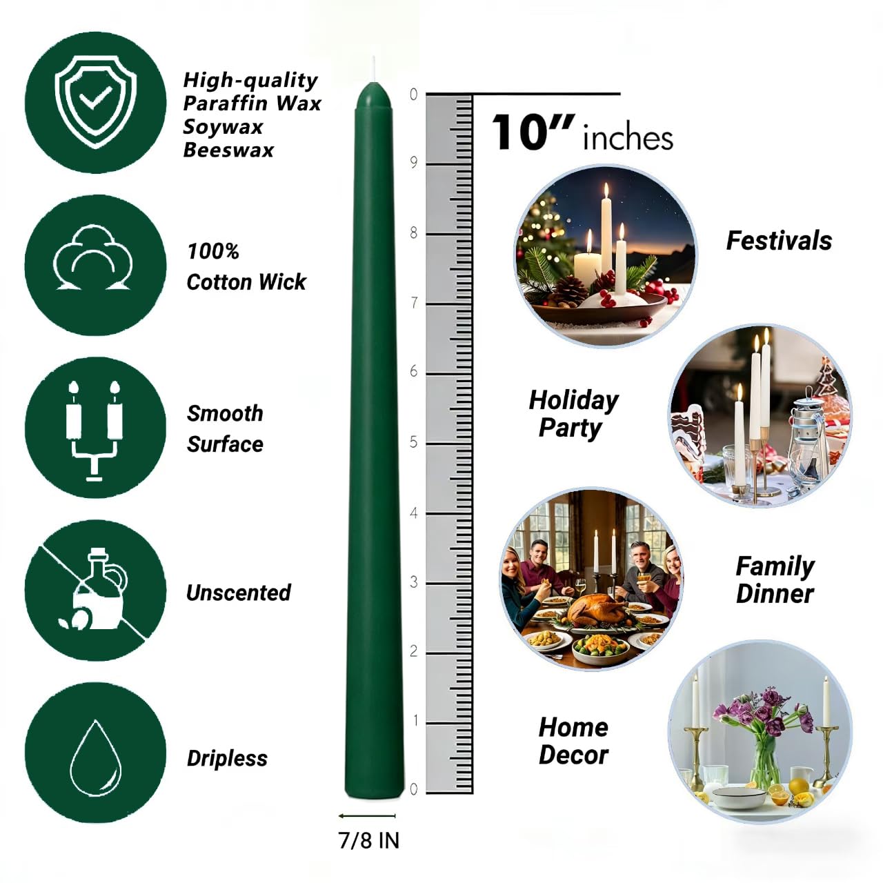 Hunter Green Taper Candles for Home Decoration, 20 Pack 10 Inch Unscented Dripless Candlesticks for Dinner Party Wedding
