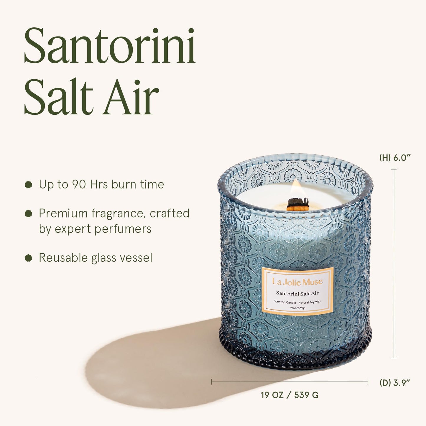 LA JOLIE MUSE Santorini Salt Air Candle - Bergamot, Sea Daffodil, Sandalwood | 19 oz Large Wooden Wick Candle | Natural Soy Wax | 90 Hours Clean Burn | Ocean Scented Candle
