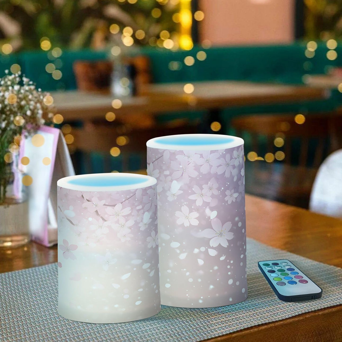 ALAZA Romantic Cherry Blossoms Flickering Flameless Candles Battery Operated with Remote Timer,Tea Light Candles LED Pillar Votive Candles Set of 2 for Outdoor Indoor Decorations