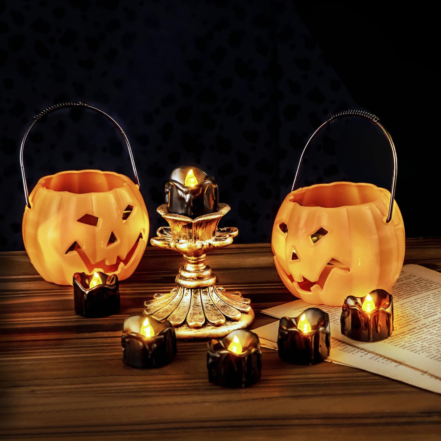 Windshell Black Tealight Candles with Auto 6H Timer (No Remote), Battery Operated LED Flameless Tea Lights with Melting Design, for Halloween Wedding Party, 12 Pack
