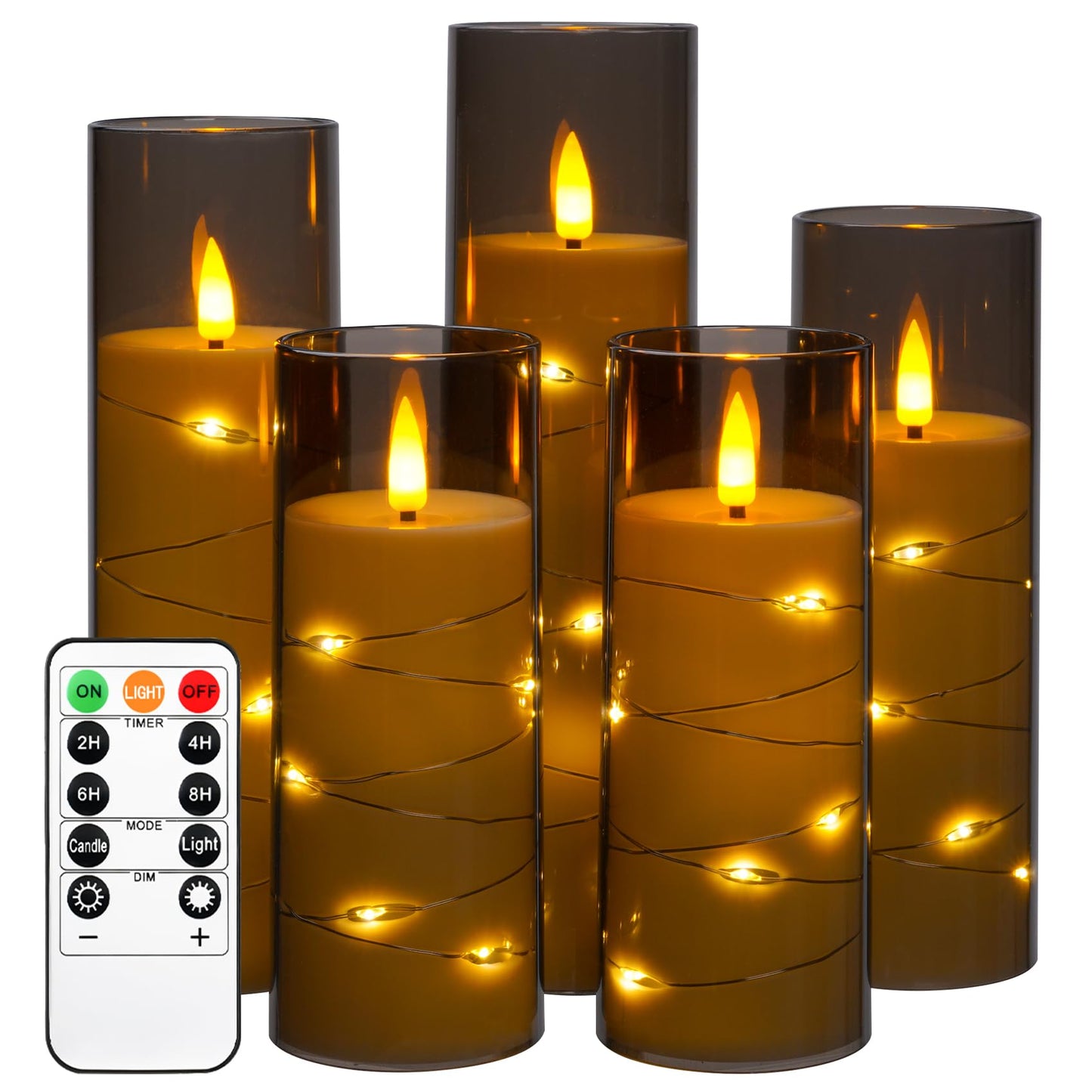 Da by 5 Pack Gray Transparent Acrylic Flameless Taper Candles, Flickering Black Wick LED Candles with Fairy String Lights, Heat Resistant Reusable ABS Candles with Remote for Home Patio Decor