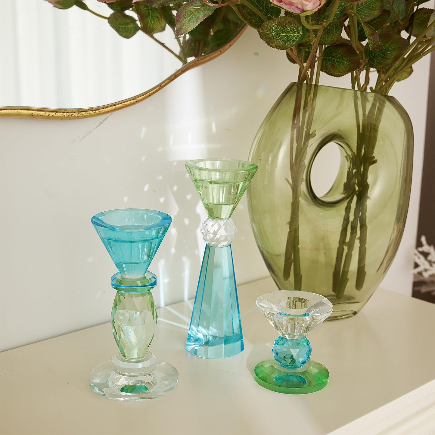 DN DECONATION Glass Candle Holder Set of 3, Candlesticks Holders Blue & Clear Crystal Tealight Candles Holder for Table Centerpiece Wedding Decorations Housewarming Gift Living Room Party