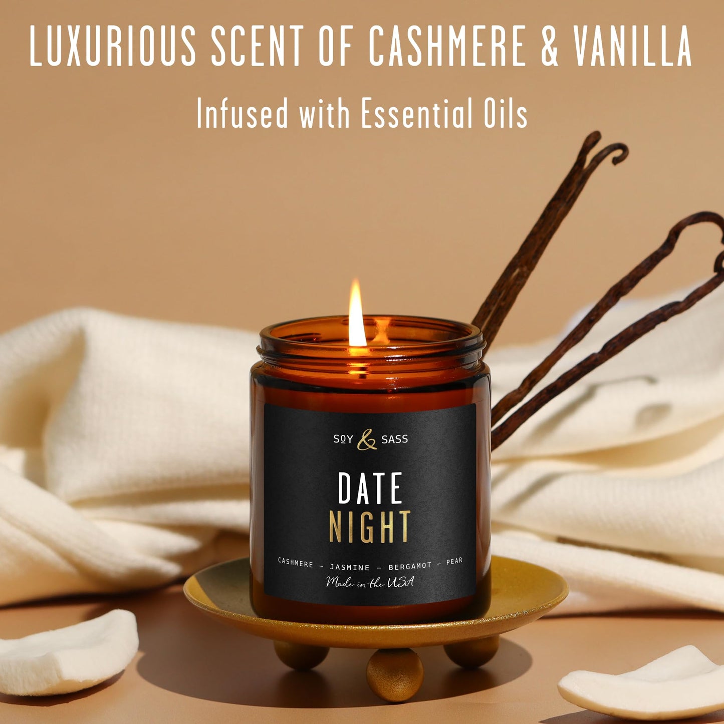 Date Night Candle I Scented Black Candles for Men or Women - French Cashmere & Vanilla Scent Soy Wax - Infused w/Essential Oils | Mens Candle I Long-Lasting 50Hr Burn, 9oz I Non Toxic I Made in USA