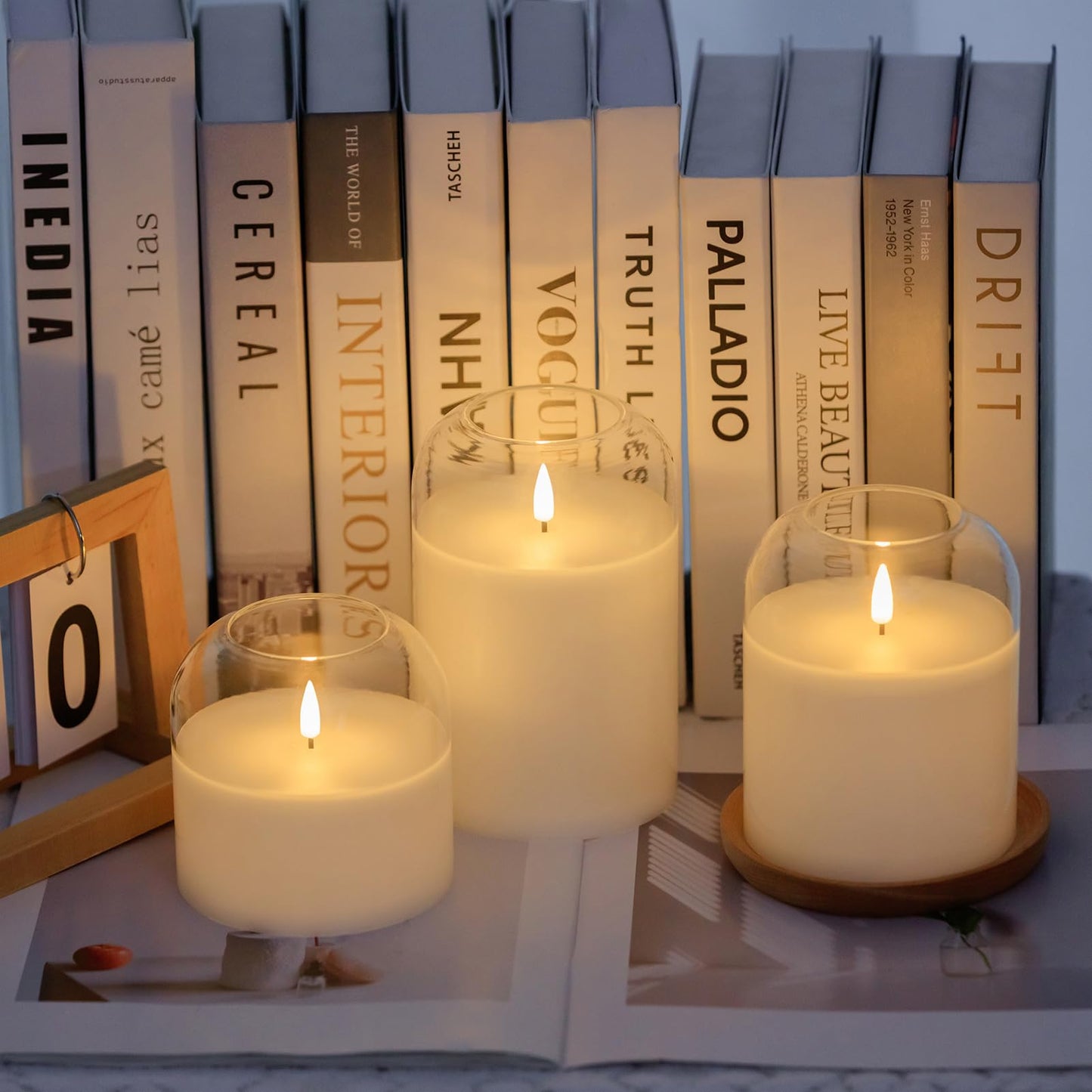 volnyus Clear Glass Flameless Candles with Remote Battery Operated Flickering LED Pillar Candles Real Wax Wick Φ 3"" H 4"" 5"" 6"", Gold