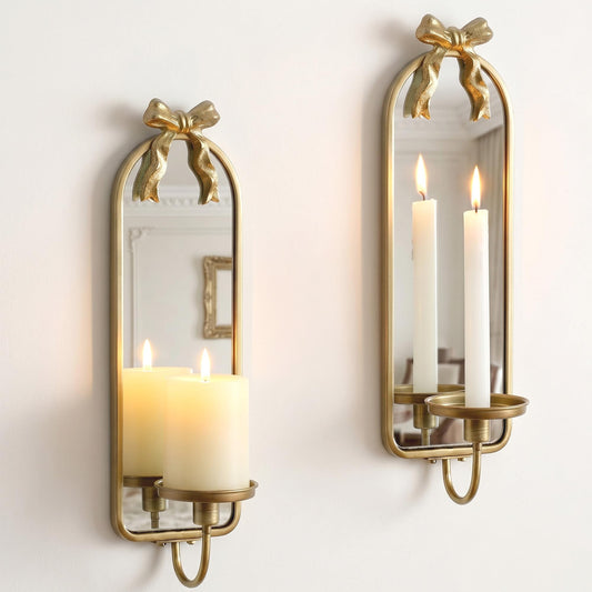 Walasis Gold Candle Sconces Wall Decor: Modern Decorative Wall Candle Holder Set of Two for Bedroom - Vintage French Metal Bow Mirror Sconces Beside Fireplace TV