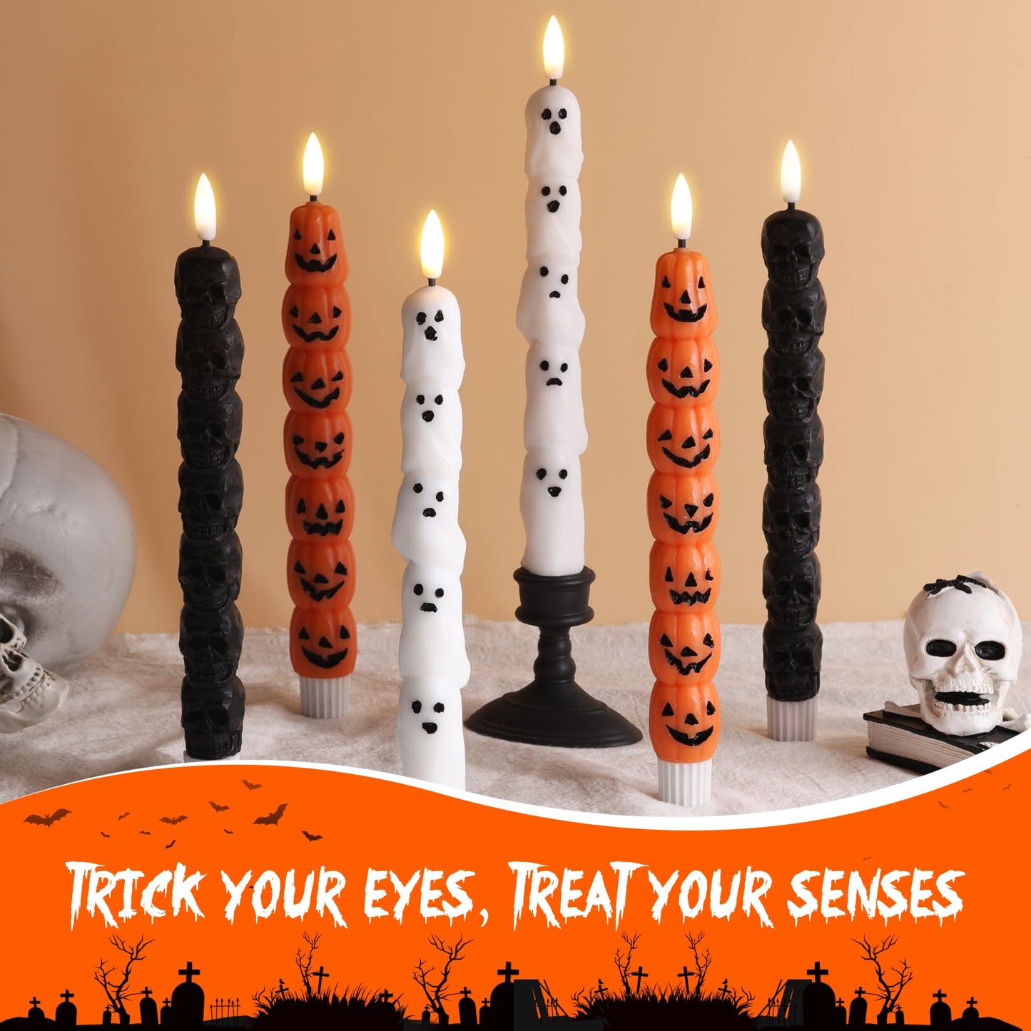 Eywamage Halloween Flameless Taper Candles with Remote, Orange Pumpkin LED Candlesticks Battery Operated Flickering Real Wax Set of 2