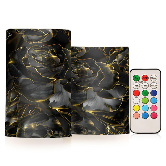 Rose Lights Flameless Candles Glitter Black Roses Pillar Candles Set of 2 Battery Operated Remote Control Warm Lights Home Decor