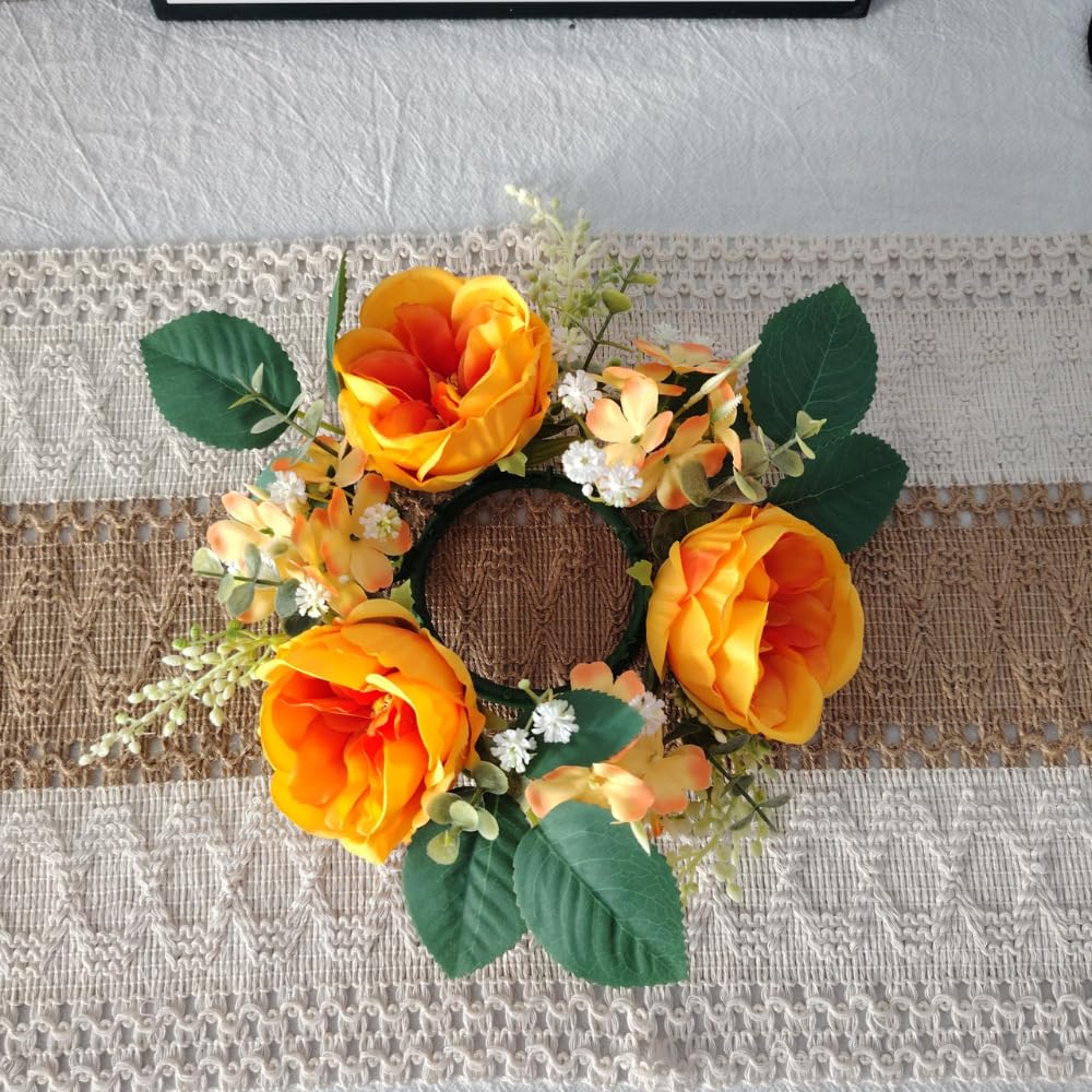 Set of 4 Artificial Rose Daisy Flowers Candle Rings Wreaths 3 Inch Center Green Eucalyptus 8" Floral Small Wreath for Pillars Spring Easter Wedding Party Home All Season Decor (Orange)