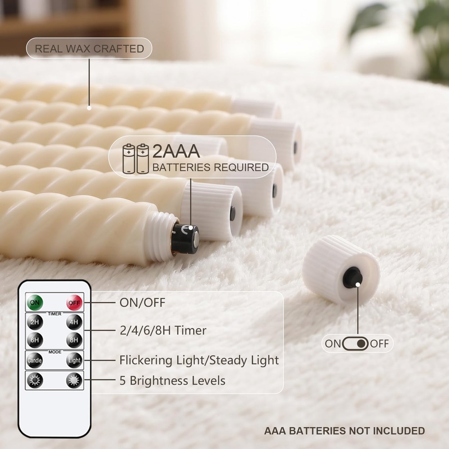 Lasumora Flameless Taper Candles Real Wax Flickering with Remote Timer, Pastel Ivory 3D Wick LED Spiral Candles Battery Operated 6 Pack 9.8 inch, Wedding Birthday Home Party Holiday Dinner Decor