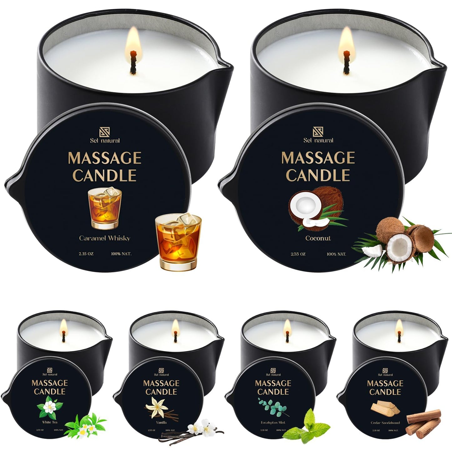 6 Pack Massage Oil Candles 2.35 oz Low Temp Soy Massage Candles 6 Scent Spa Therapy Body Oil Home Valentine's Day Gift for Relaxation, Couples, or Self-Care