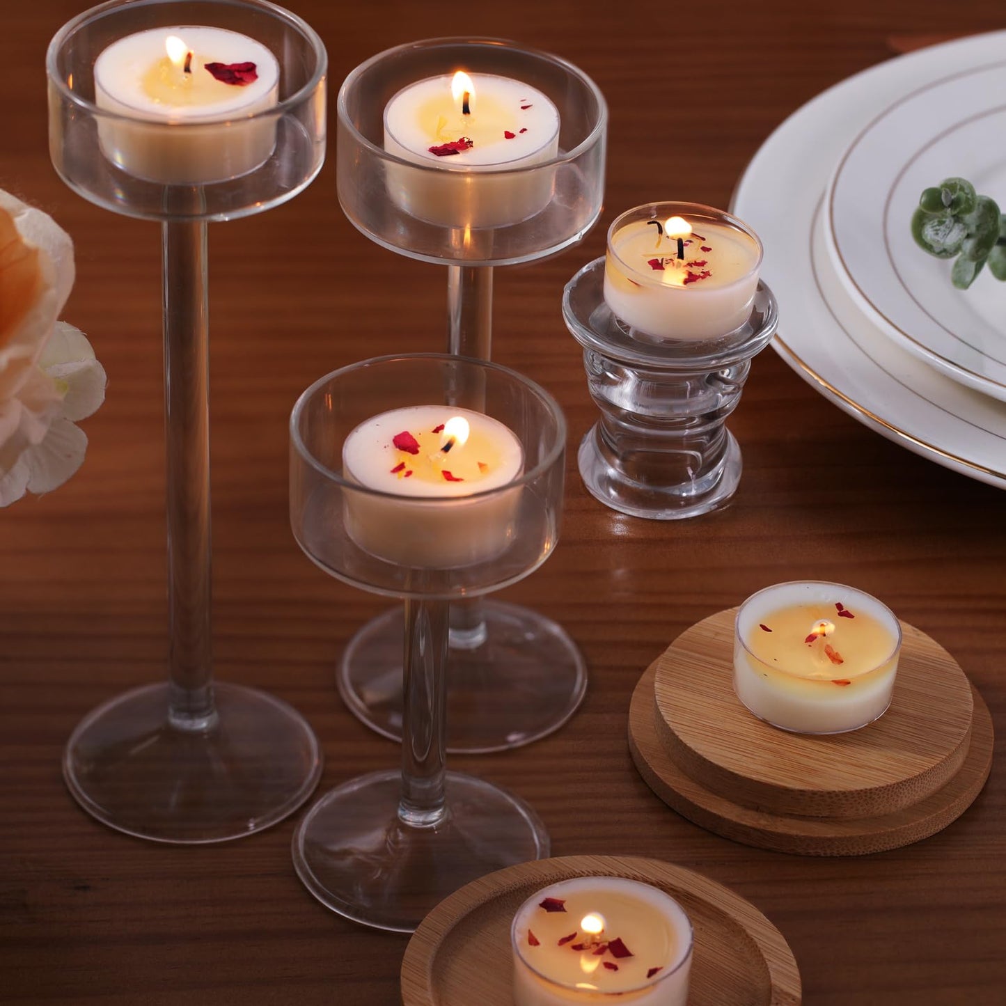 48Pcs Rose Scented Tealight Candles, Palm Wax White Tea Lights, 4h Long Burning Tea Light Candles with Dried Flowers for Holiday, Wedding, Spa, and Home Decoration