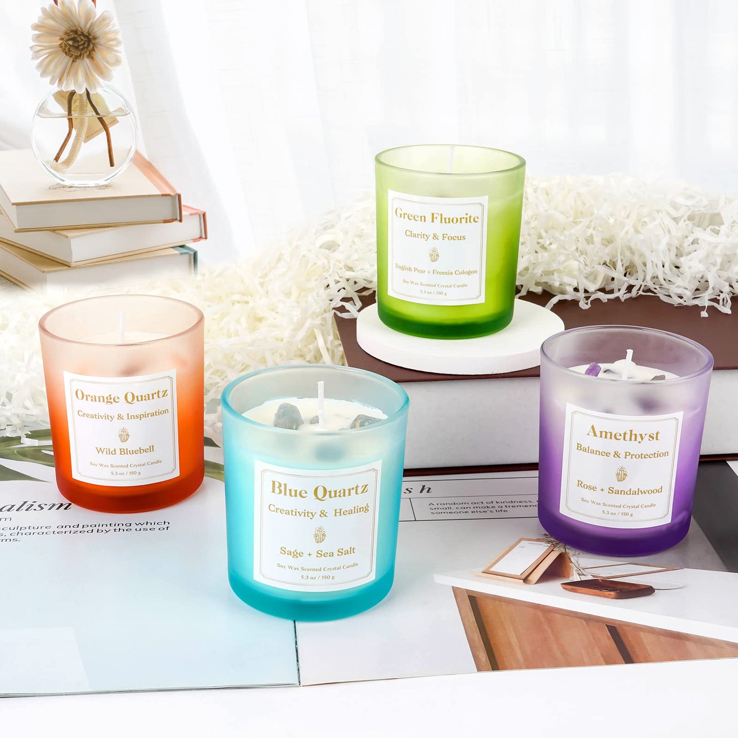 Scented Candles with Healing Crystals, Set of 4 Soy Candle with Crystals Healing Stones, Aromatherapy Candle Teacher's Day Gifts for Women, Rose Sage Amethyst Wax Bathroom Candles for Mother's Day