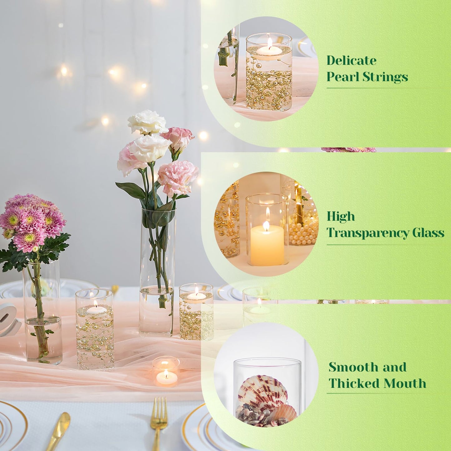 Hewory Glass Cylinder Vases for Centerpieces: Set of 12 Clear Hurricane Vase Bulk with Pearl String for Wedding Table Birthday Party Decoration - Tall Candle Holders for Floating Candle Bouquet