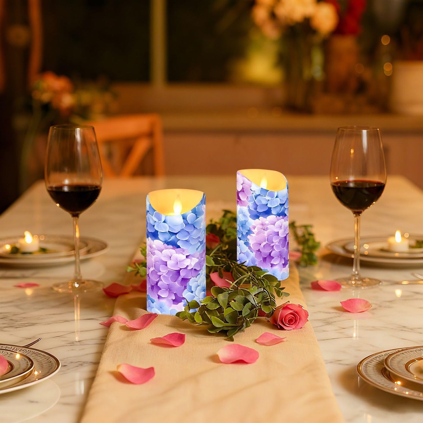 ALAZA Hydrangeas Flickering Flameless Candles Battery Operated with Remote Timer,Tea Light Candles LED Pillar Votive Set of 2 for Outdoor Indoor Decorations 3" x3.9"