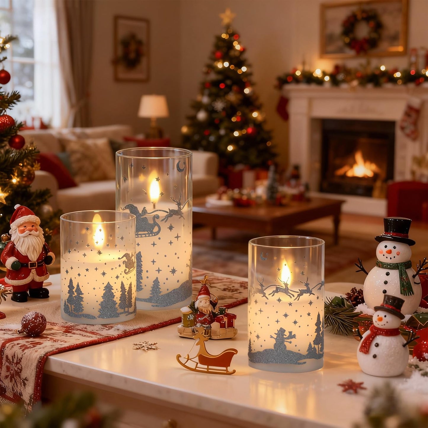 DRomance Reindeer Glass Flameless Candles Battery Operated with Remote and Timer Real Wax Silver Glitter 3D Wick LED Flickering Candles Warm Light Indoor Christmas Holiday Decor 3" D x 4", 5", 6" H