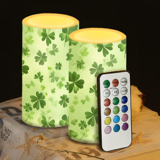 Luarisgur Green Leaves Candles Battery Operated Flameless Candles with Remote Fall Decorations LED Fake Candles for Home Bedroom St Patricks Day Table Decor 3 inch Set of 2
