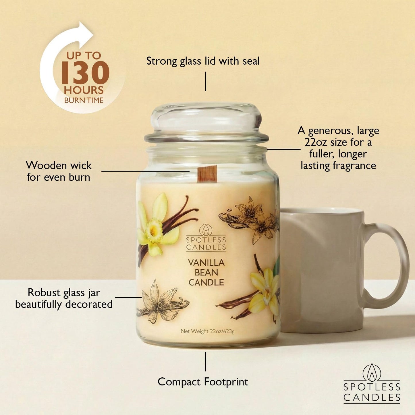 Vanilla Bean Candle 22oz: Upto 130 Hours Burn Time, Crackling Wooden Wick in Large Candle Jar with a Luxury Gift Box & Protective Shipper, Scented Candle by Spotless Candles