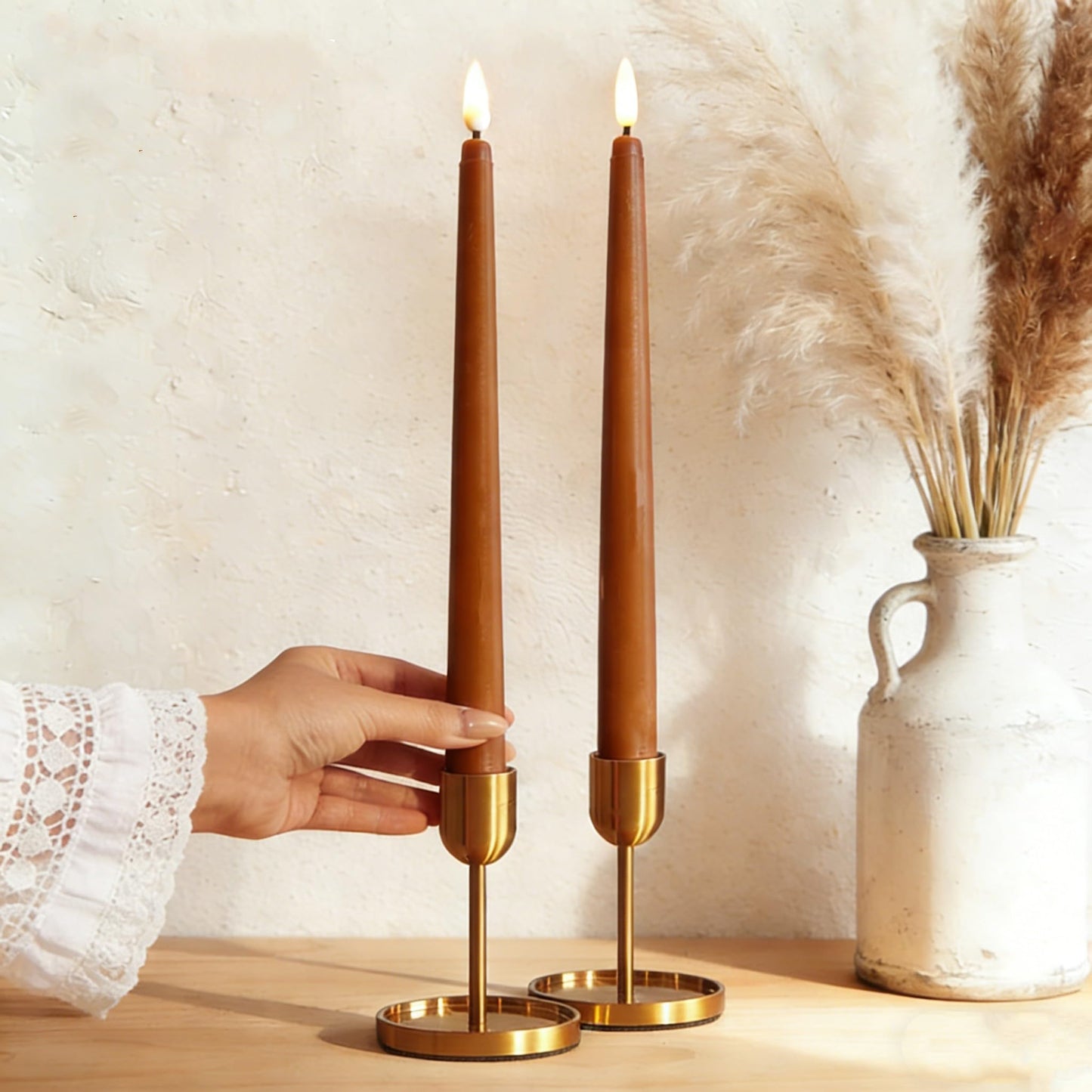 Ni-JASW Brown Flameless Taper Candles with Remote, Flickering Battery Operated LED Candlesticks Home Decor Set of 4