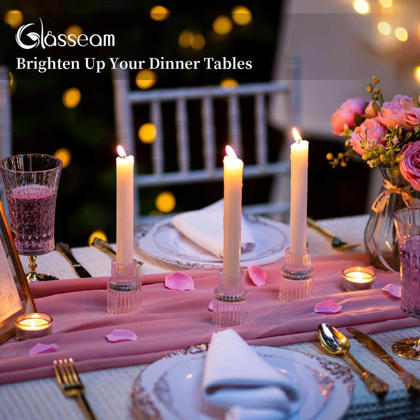 Glass Candlestick Taper Candle Holder: Glasseam Set of 2 Small Candle Holders for Candlesticks, Modern Crystal Clear Tapered Candle Stick Holder for Wedding Dining Table Centerpiece Christmas Decor
