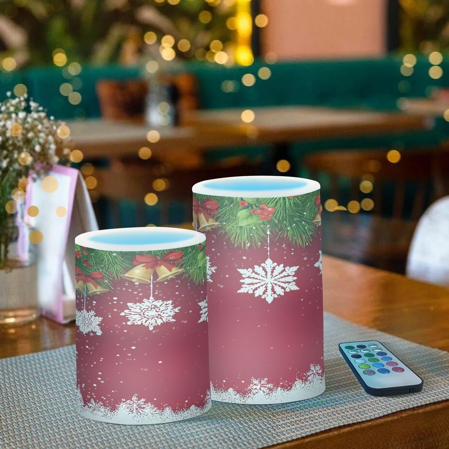 Flickering Flameless Candles, Christmas Snowflake Bell LED Candles with Remote Timer, Set of 2 Battery Operated Candle for Valentine Wedding Birthday