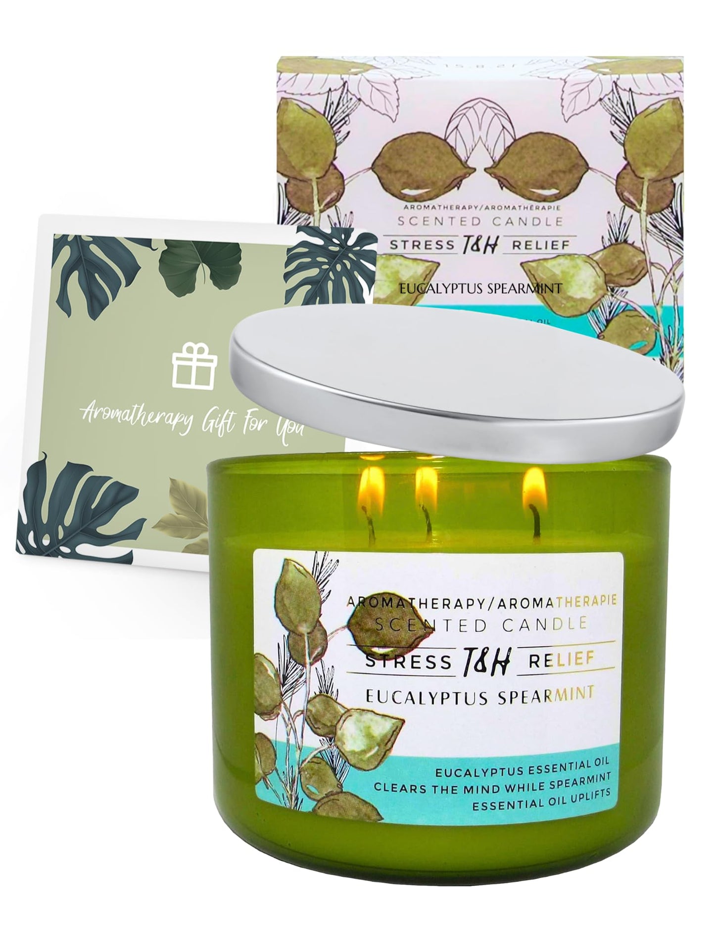 Eucalyptus Spearmint Scented Candle | 15.8 oz Large 3 Wick Soy Candle | Soothing Aromatherapy Candle for Home | Fresh Mint Spa Scent | Long Lasting Clean Burn | Relaxation & Yoga Gift for Women & Men