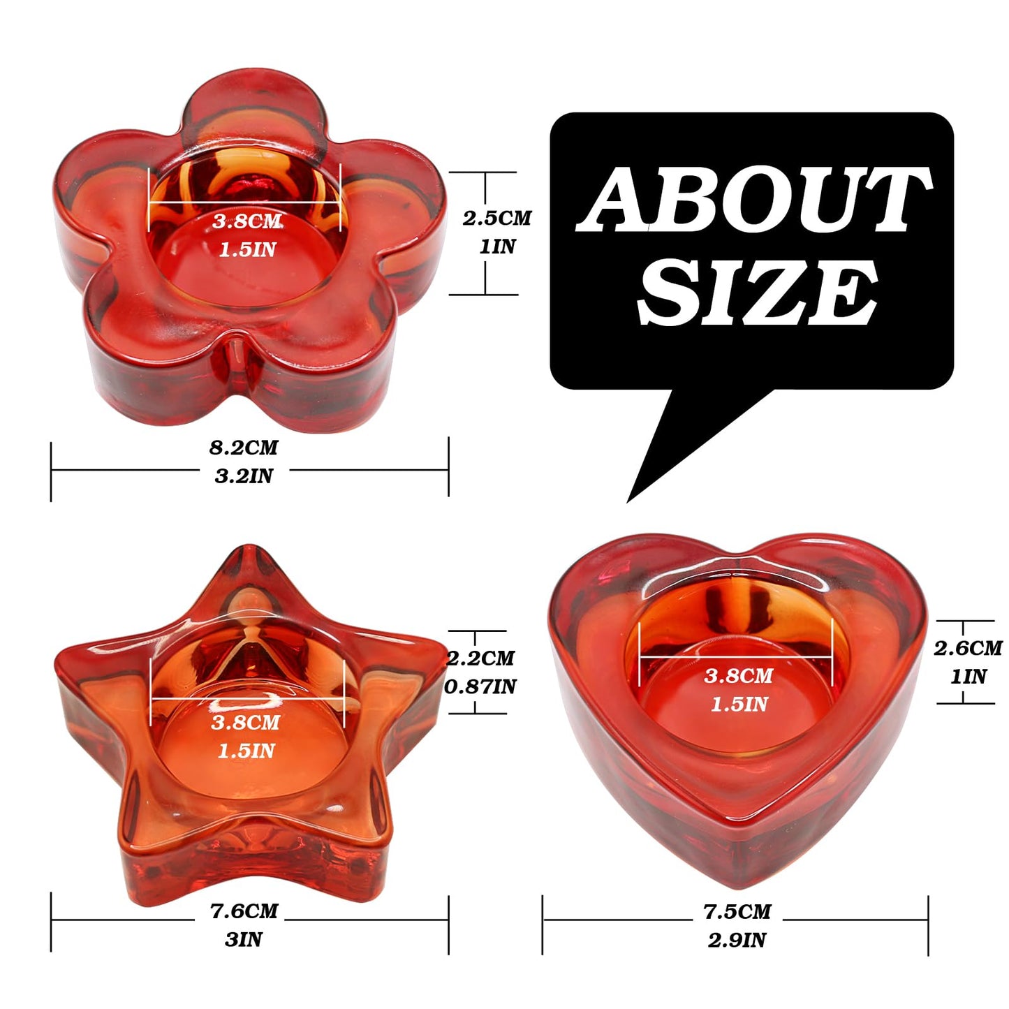 Red Votive Candle Holders Set of 12, (3 Sizes,Heart/Flower/Star) Glass Tealight Candle Holders Bulk for Wedding Table Centerpiece,Birthday Party,Valentines Day,Christmas Decorations,Home Decor(Red)
