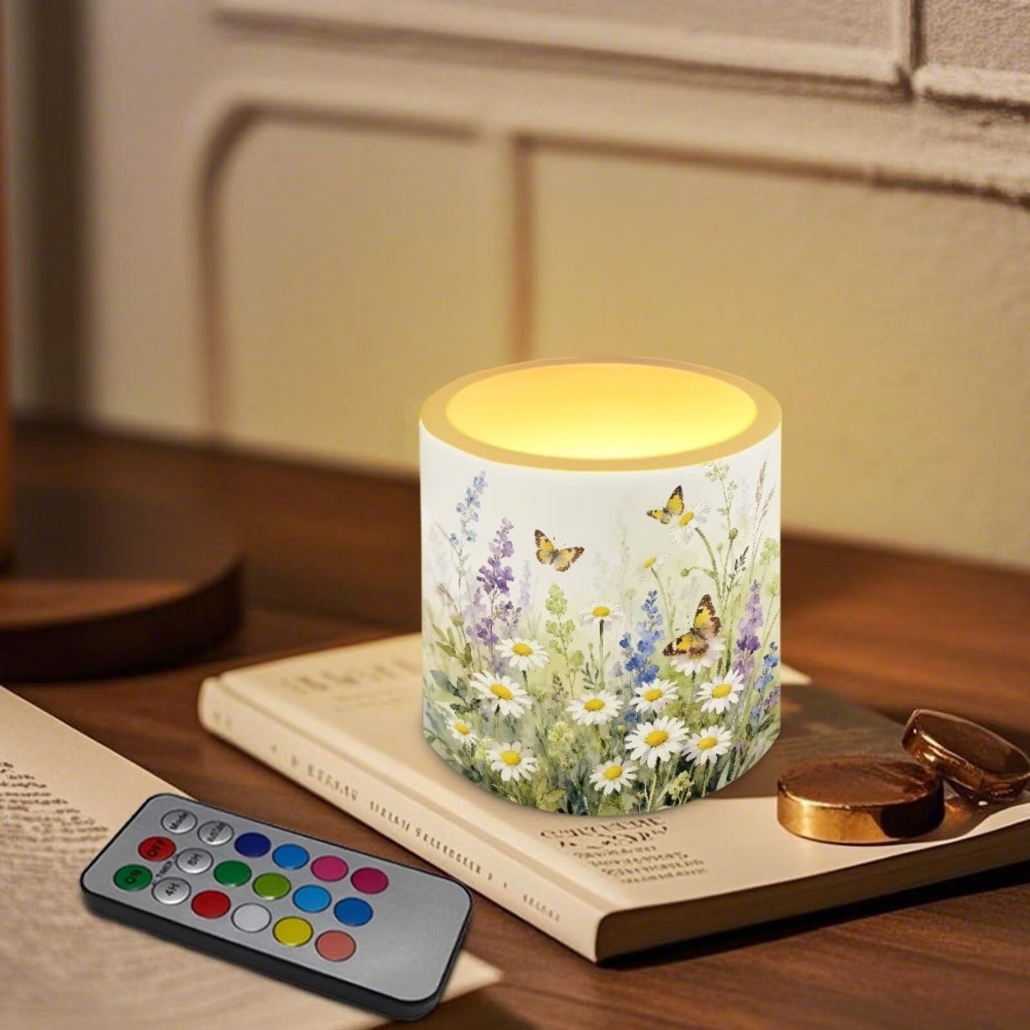 Merkmak Battery Operated Flameless Candles with Remote and Timer Daisy Butterfly LED Pillar Candles for Banquet, Gathering, Home Decoration Battery Tealights