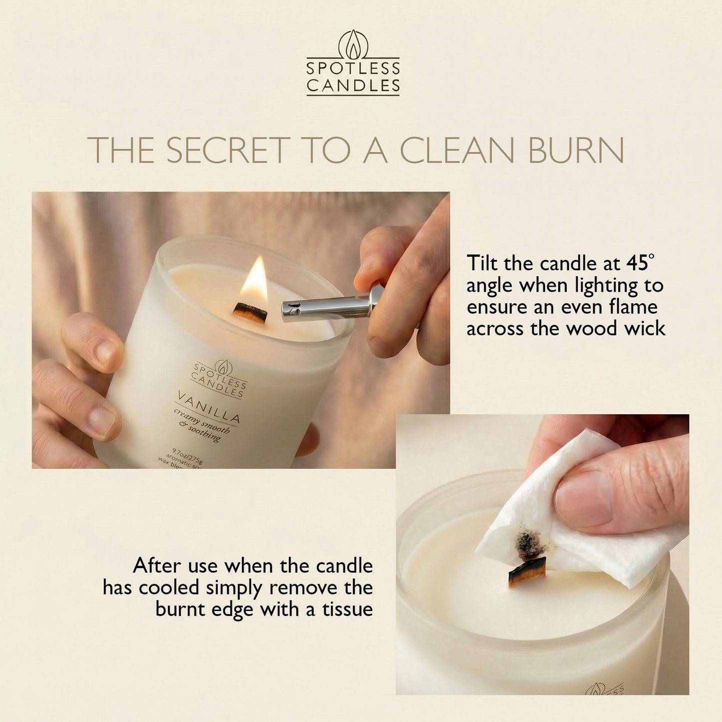 Vanilla Candle; 275g, 55 Hrs Burn Time, Soy Wax White Frosted Jar with Crackling Wooden Wick & Luxury Gift Box: Vanilla Scented Candle by Spotless Candles