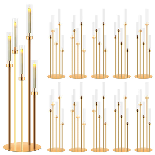 10 Set 5 Arm Gold Candle Holder, Mjkeomo 41.3'' Tall Candelabra Centerpieces for Tables Gold Candlesticks Holder for Housewarming Gift Fireplace Dinner Halloween Christmas Decor Fit 0.82'' LED Candle
