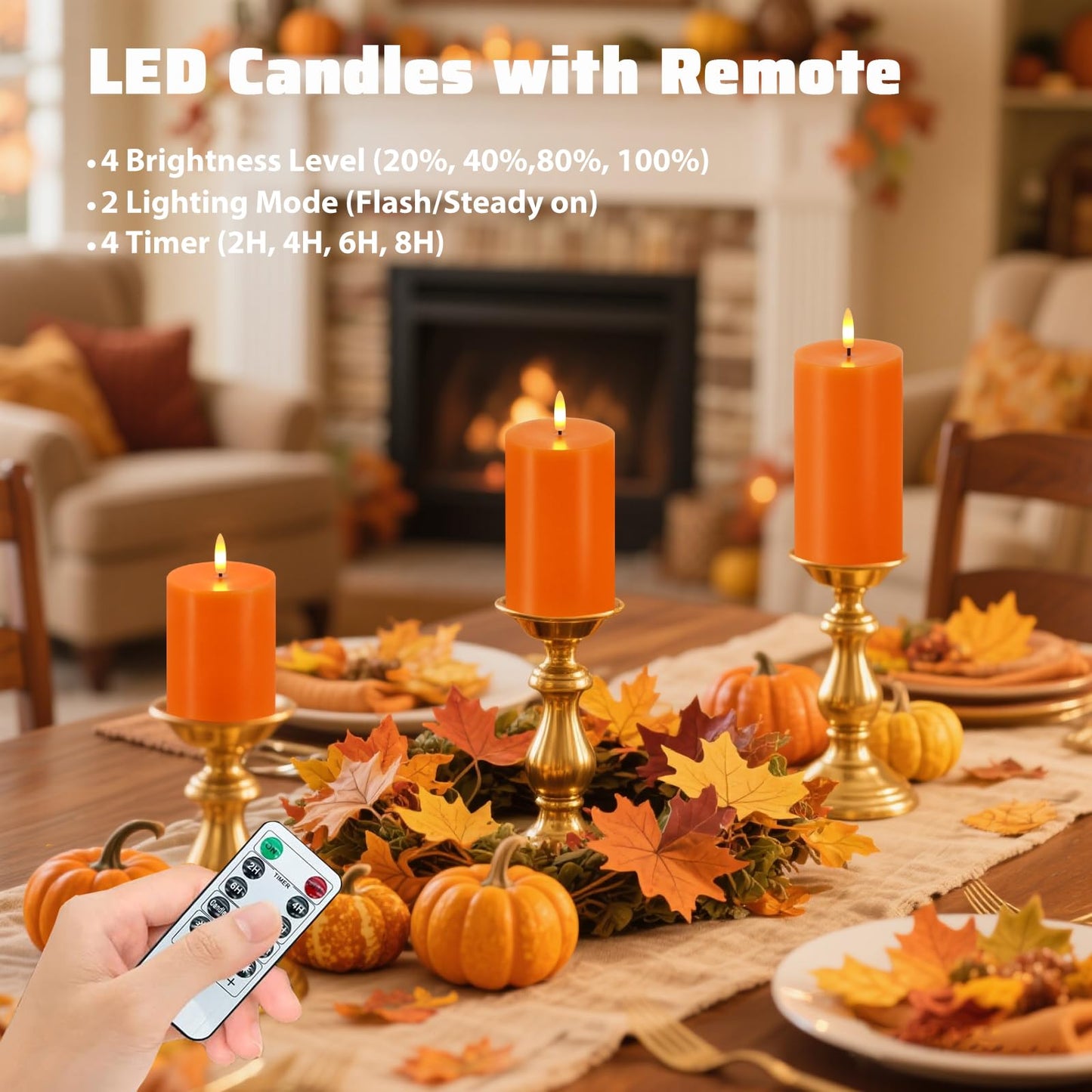 VEEKI Orange Flameless Candles, Set of 3 Flickering LED Candles with Remote & Timer, Dimmable Real Wax Pillar Candles Battery Operated, Electric Candles for Fall Thanksgiving Halloween Decor (Orange)