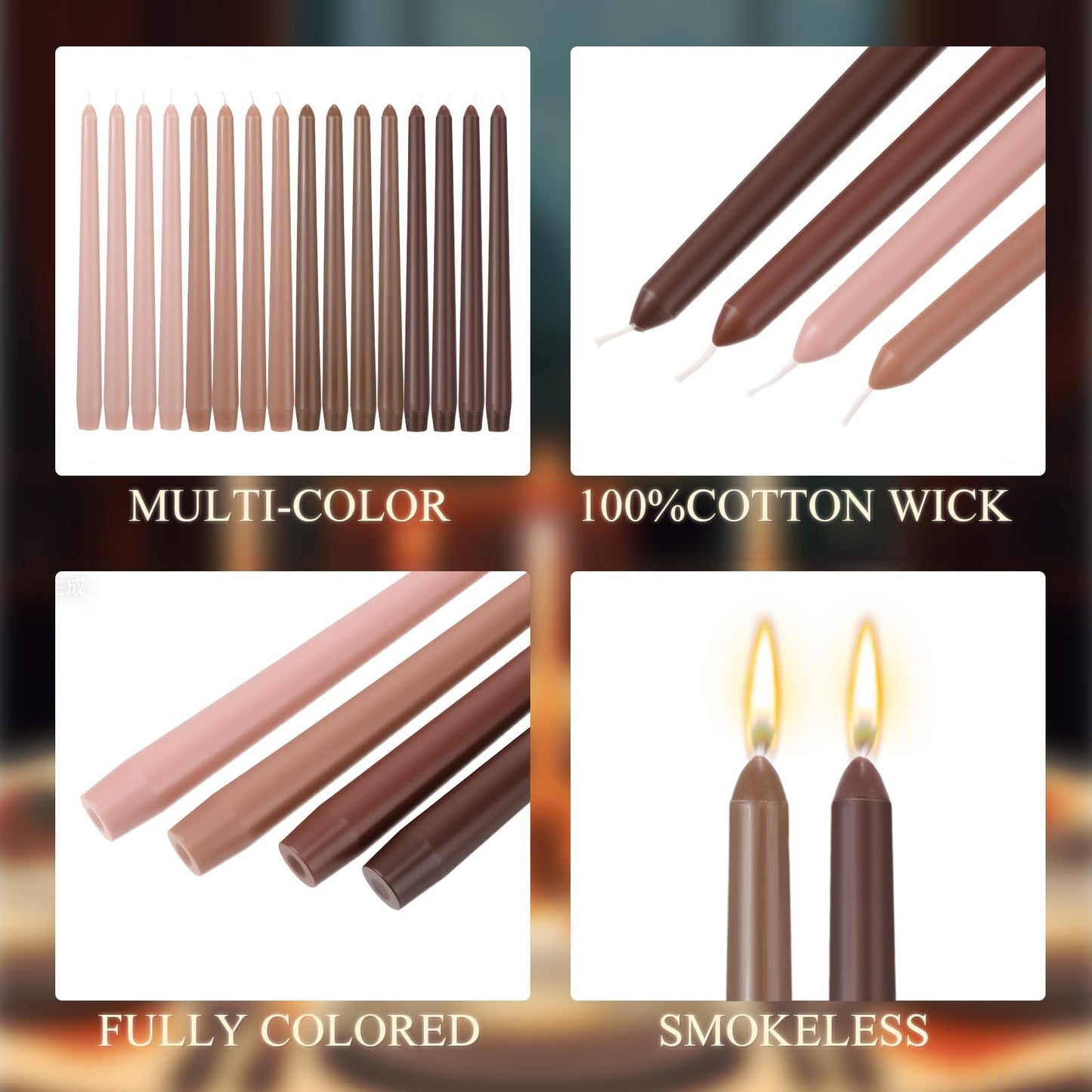 MTLEE 10 Inch Long Tapered Candle Stick Bulk Smokeless Unscented Burning Candlestick Paraffin Wax with Cotton Wick for 4th of July Dinner Anniversary Wedding Party Church(Gradient Brown,16 Pcs)